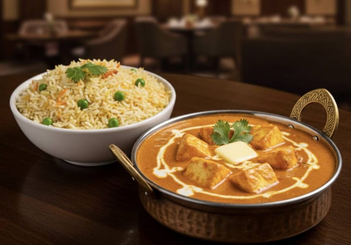 Paneer Butter Masala with Peas Pulao Bowl