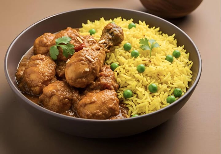 Kadai Chicken with Peas Pulao Bowl